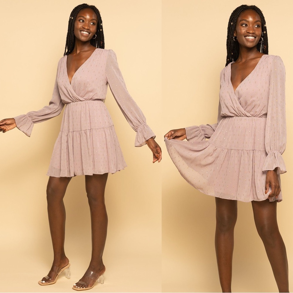 Lavender Haze Metallic Swiss Dot Babydoll Long Sleeve Mini Dress